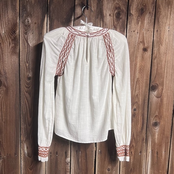 Faherty Arles Brown Embroidered Peasant Blouse White Balloon Sleeve Boho Sz XS - Picture 9 of 12